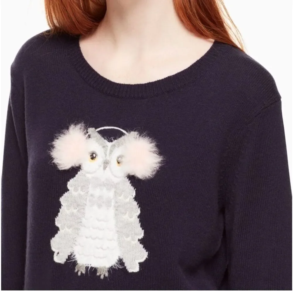 Kate Spade Women Owl Sweater Size L Preppy Polyamide Wool Crew Neck Long Sleeve